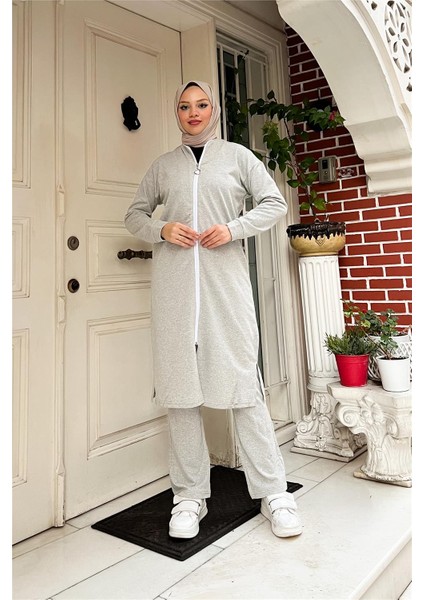 Fermuarlı Uzun Sade Basic Kap Eşofman Spor Takımı - 3044 - Gri