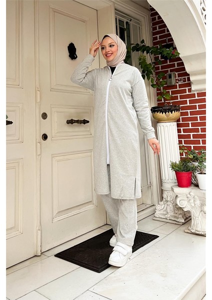 Fermuarlı Uzun Sade Basic Kap Eşofman Spor Takımı - 3044 - Gri