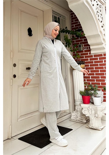 Fermuarlı Uzun Sade Basic Kap Eşofman Spor Takımı - 3044 - Gri