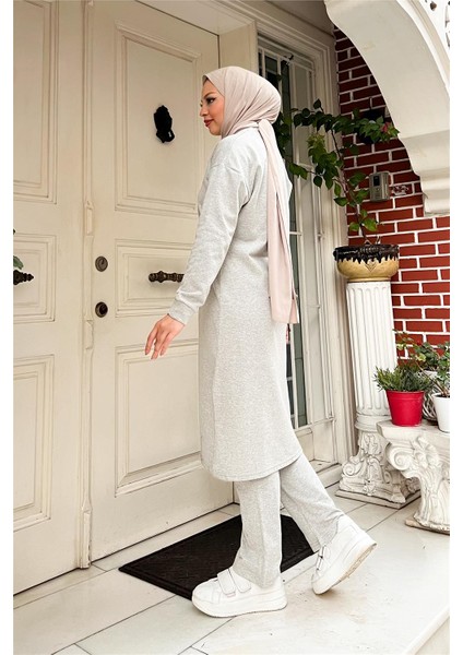 Fermuarlı Uzun Sade Basic Kap Eşofman Spor Takımı - 3044 - Gri