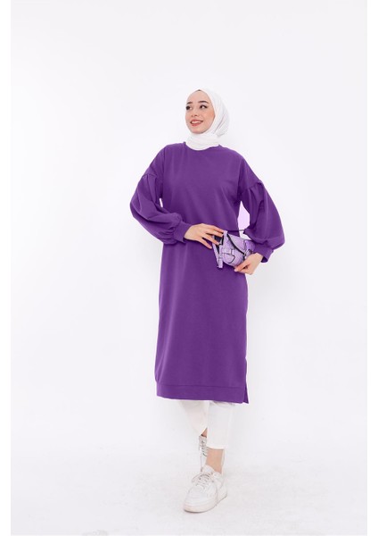 Hira Balon Kol Midi Boy Sade Basic Sweatshirt - 3031 - Leylak modelleri