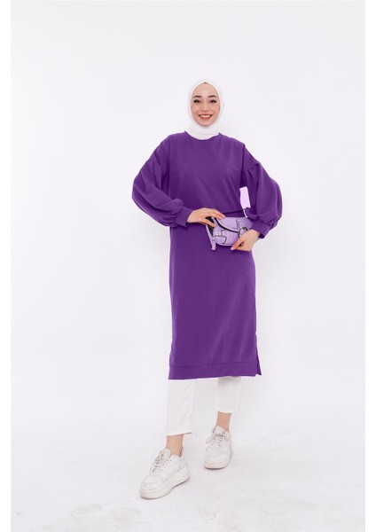 Hira Balon Kol Midi Boy Sade Basic Sweatshirt - 3031 - Leylak fırsatları