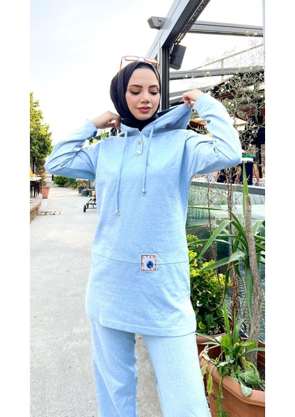 Kapşonlu Çıtçıtlı Sade Basic İkili Eşofman Spor Takımı - 03036.008 - Gri