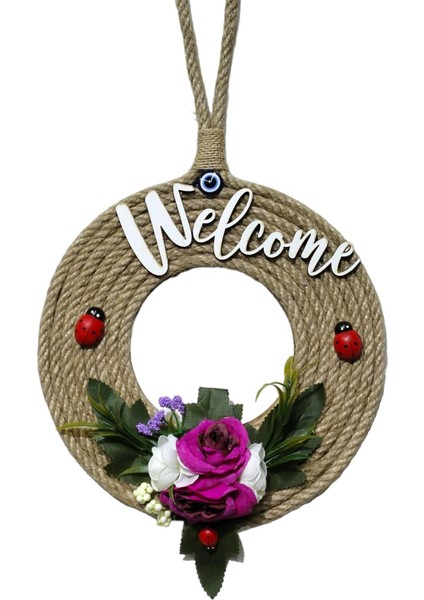 Welcome Yazılı Kapı Süsü Fuşya Krem Çiçekli Uğur Böcekli 21 cm Kapı Süsü fırsatları