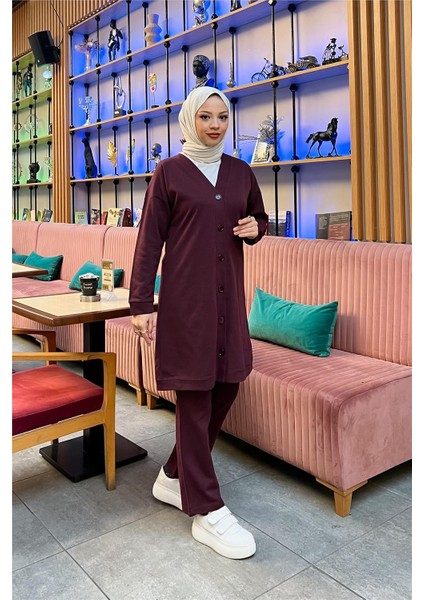 Düğmeli V Yakalı Sade Basic Eşofman Spor Ikili Takım - 3051 - Mürdüm