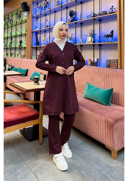 Düğmeli V Yakalı Sade Basic Eşofman Spor Ikili Takım - 3051 - Mürdüm