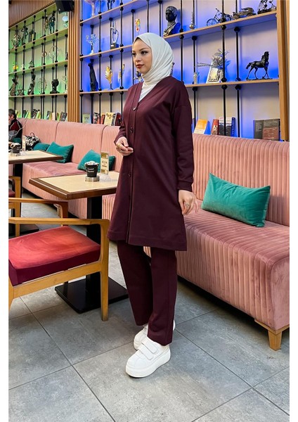 Düğmeli V Yakalı Sade Basic Eşofman Spor Ikili Takım - 3051 - Mürdüm