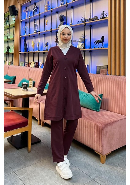 Düğmeli V Yakalı Sade Basic Eşofman Spor Ikili Takım - 3051 - Mürdüm