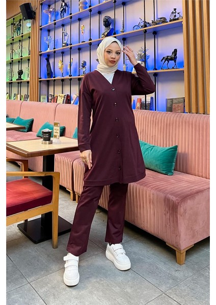 Düğmeli V Yakalı Sade Basic Eşofman Spor Ikili Takım - 3051 - Mürdüm