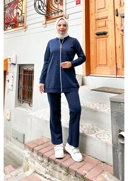 Fermuarlı Inci ve Taş Detaylı Ikili Sade Basic Eşofman Spor Takımı - 3038 - Lacivert