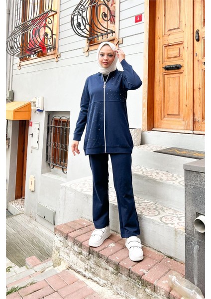 Fermuarlı Inci ve Taş Detaylı Ikili Sade Basic Eşofman Spor Takımı - 3038 - Lacivert
