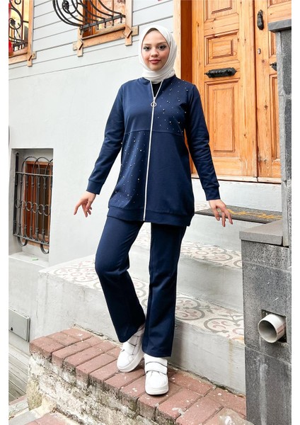 Fermuarlı Inci ve Taş Detaylı Ikili Sade Basic Eşofman Spor Takımı - 3038 - Lacivert