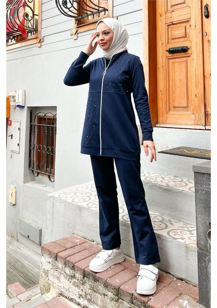 Fermuarlı Inci ve Taş Detaylı Ikili Sade Basic Eşofman Spor Takımı - 3038 - Lacivert