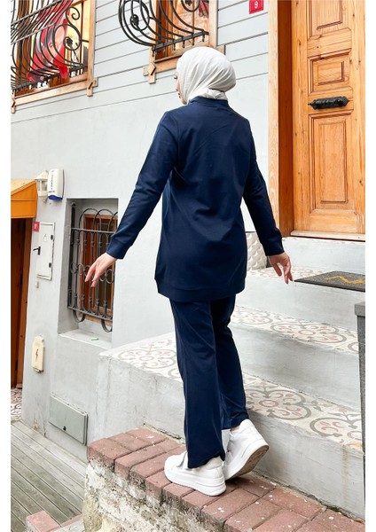 Fermuarlı Inci ve Taş Detaylı Ikili Sade Basic Eşofman Spor Takımı - 3038 - Lacivert