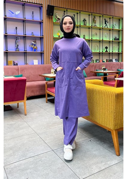 Önden Iki Cepli Sade Basic Uzun Tunik Pantolon Ikili Spor Takımı - 03067 - Koyu Lila