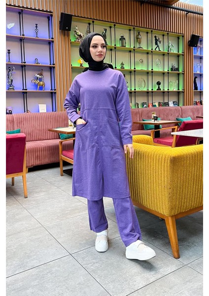 Önden Iki Cepli Sade Basic Uzun Tunik Pantolon Ikili Spor Takımı - 03067 - Koyu Lila