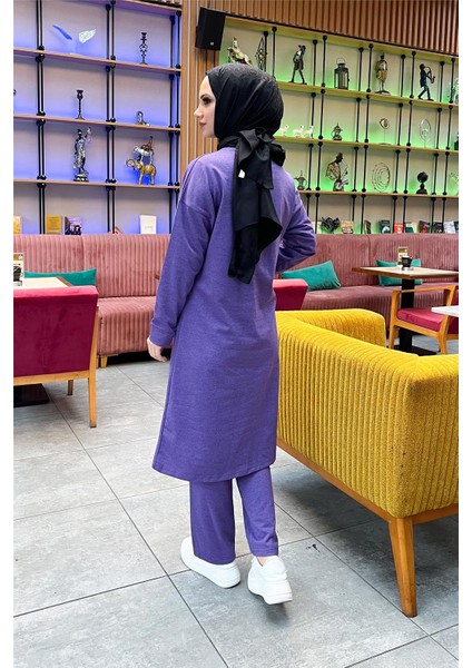 Önden Iki Cepli Sade Basic Uzun Tunik Pantolon Ikili Spor Takımı - 03067 - Koyu Lila