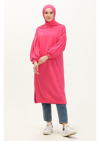 Hira Balon Kol Midi Boy Sade Basic Sweatshirt - 3031 - Fuşya