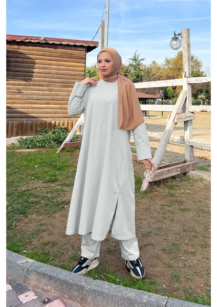 O Yaka Yırtmançlı Uzun Geniş Rahat Tunik Pantolon Sade Basic Spor Takımı - 3040 - Gri