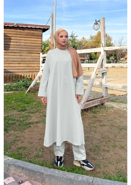 O Yaka Yırtmançlı Uzun Geniş Rahat Tunik Pantolon Sade Basic Spor Takımı - 3040 - Gri