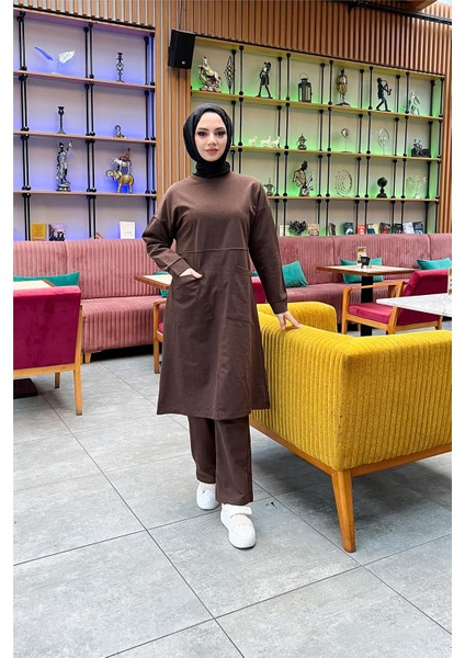 Önden İki Cepli Sade Basic Uzun Tunik Pantolon İkili Spor Takımı - 03067.028 - Kahverengi