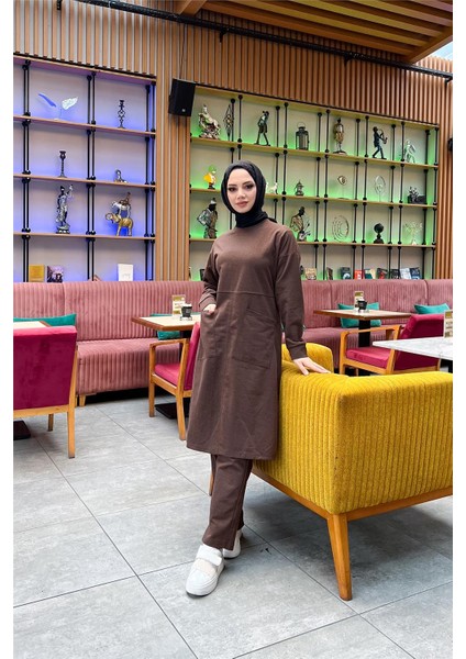 Önden İki Cepli Sade Basic Uzun Tunik Pantolon İkili Spor Takımı - 03067.028 - Kahverengi modelleri