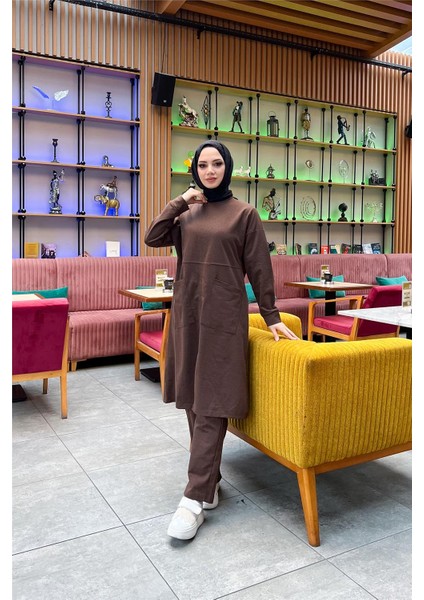 Önden İki Cepli Sade Basic Uzun Tunik Pantolon İkili Spor Takımı - 03067.028 - Kahverengi fırsatları