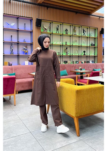 Önden İki Cepli Sade Basic Uzun Tunik Pantolon İkili Spor Takımı - 03067.028 - Kahverengi indirimleri