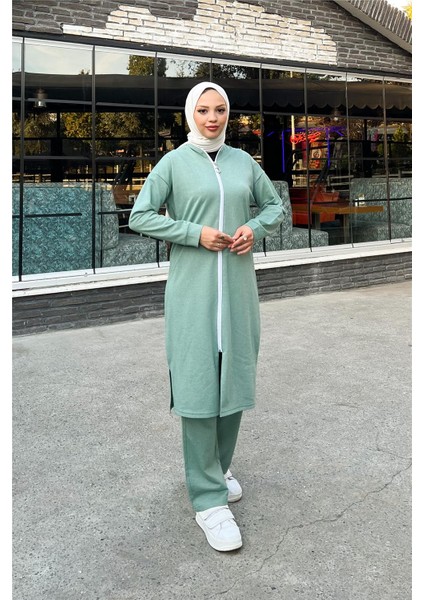 Fermuarlı Uzun Sade Basic Kap Eşofman Spor Takımı - 3044 - Çağla Yeşili