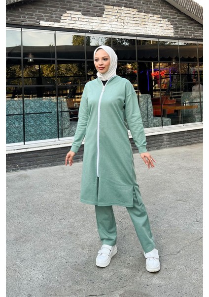 Fermuarlı Uzun Sade Basic Kap Eşofman Spor Takımı - 3044 - Çağla Yeşili