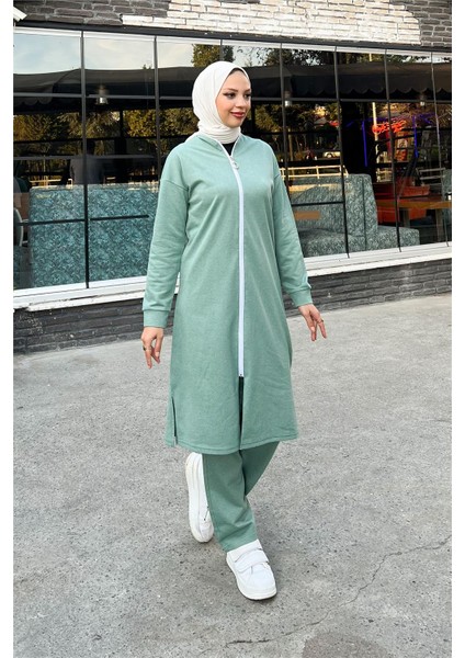 Fermuarlı Uzun Sade Basic Kap Eşofman Spor Takımı - 3044 - Çağla Yeşili