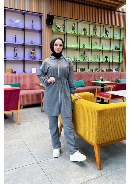 Kapşonlu Fermuarlı Belden Bağlamalı Sade Basic Ikili Spor Takımı - 03070 - Antrasit