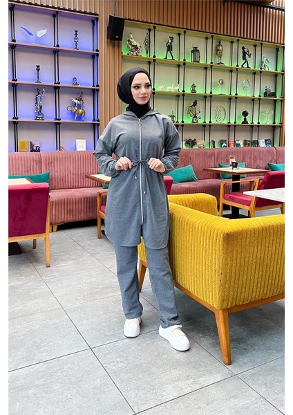 Kapşonlu Fermuarlı Belden Bağlamalı Sade Basic Ikili Spor Takımı - 03070 - Antrasit fiyatları