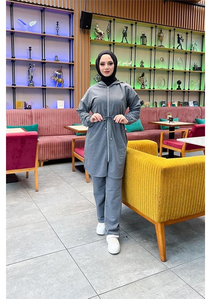 Kapşonlu Fermuarlı Belden Bağlamalı Sade Basic Ikili Spor Takımı - 03070 - Antrasit modelleri