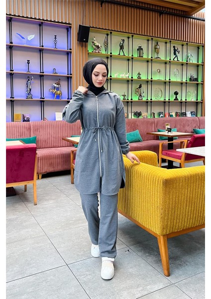 Kapşonlu Fermuarlı Belden Bağlamalı Sade Basic Ikili Spor Takımı - 03070 - Antrasit fırsatları