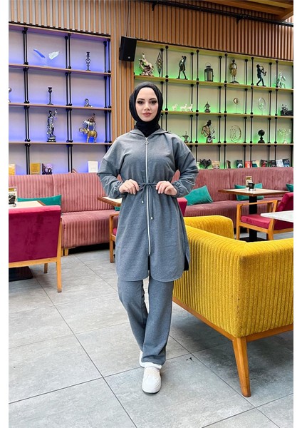 Kapşonlu Fermuarlı Belden Bağlamalı Sade Basic Ikili Spor Takımı - 03070 - Antrasit indirimleri