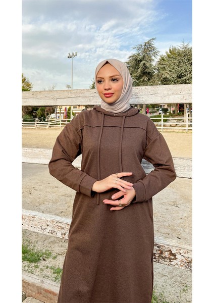 Uzun Tunik Kapşonlu Kenardan Yırtmaçlı Ikili Spor Takım - 3034 - Kahverengi