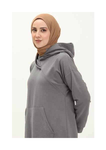 Aysima Yaka Detaylı Kapşonlu Sade Basic Sweatshirt - 3032 - Antrasit