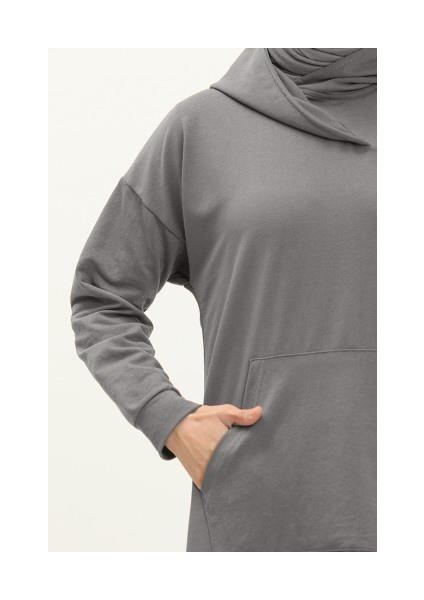 Aysima Yaka Detaylı Kapşonlu Sade Basic Sweatshirt - 3032 - Antrasit