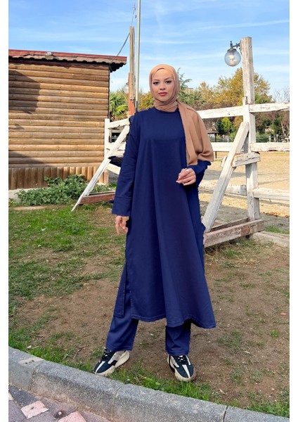 O Yaka Yırtmançlı Uzun Geniş Rahat Tunik Pantolon Sade Basic Spor Takımı - 3040 - Indigo