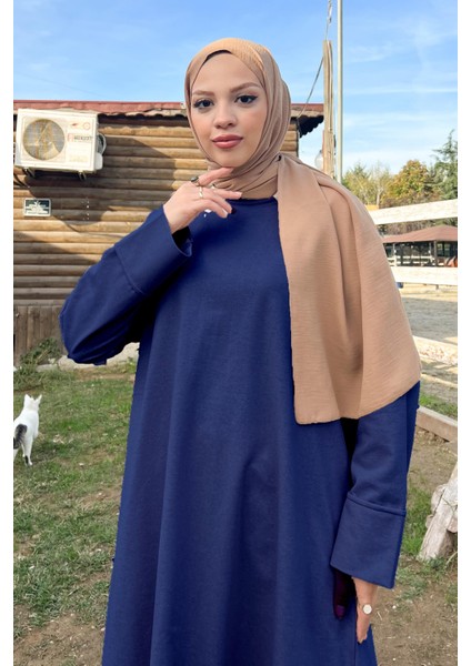 O Yaka Yırtmançlı Uzun Geniş Rahat Tunik Pantolon Sade Basic Spor Takımı - 3040 - Indigo