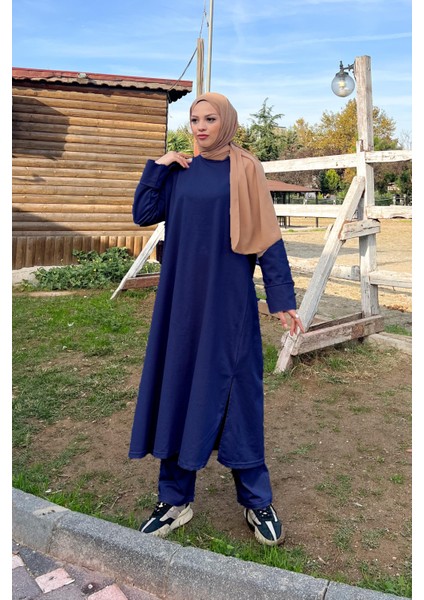 O Yaka Yırtmançlı Uzun Geniş Rahat Tunik Pantolon Sade Basic Spor Takımı - 3040 - Indigo