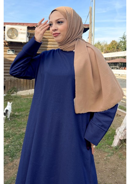 O Yaka Yırtmançlı Uzun Geniş Rahat Tunik Pantolon Sade Basic Spor Takımı - 3040 - Indigo