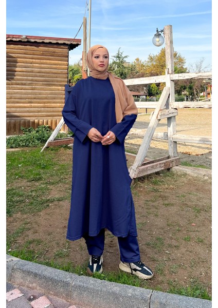 O Yaka Yırtmançlı Uzun Geniş Rahat Tunik Pantolon Sade Basic Spor Takımı - 3040 - Indigo