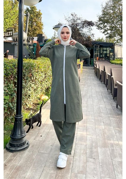 Fermuarlı Uzun Sade Basic Kap Eşofman Spor Takımı - 3044 - Haki