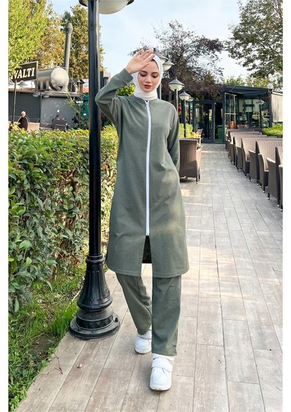Fermuarlı Uzun Sade Basic Kap Eşofman Spor Takımı - 3044 - Haki