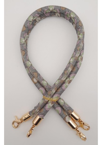 Çift Kordon Çanta Sapı Gri Lila Çiçekli Light Gold Metalli