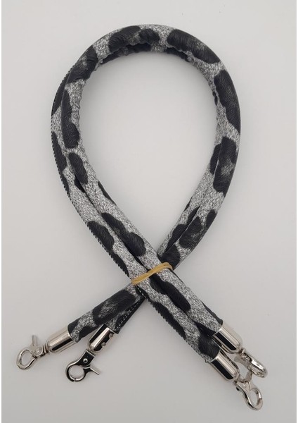 Çift Kordon Çanta Sapı Gri Siyah Leopar Gümüş Metalli