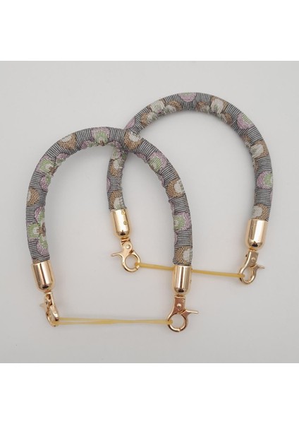 Çift Kısa Kordon Çanta Sapı Gri Lila Çiçekli Light Gold Metalli