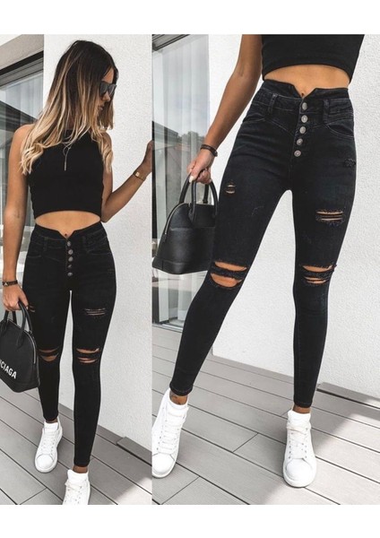 Yüksek Bel Düğme Ve Yırtık Detaylı Kot Pantolon Jean 92Cm